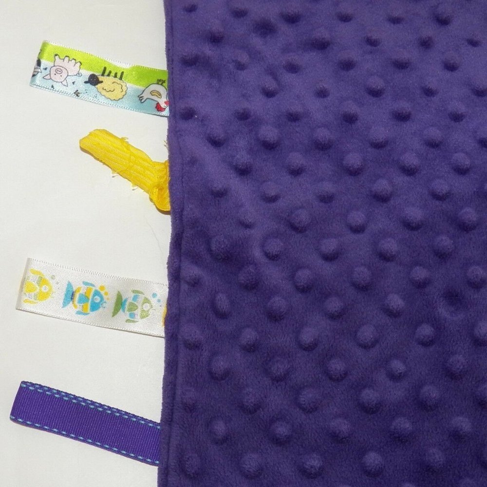 Dark Purple Baby Security Blanket Lovey Fish Farm Animals Yellow Tags 12" x 12" - Picture 2 of 5